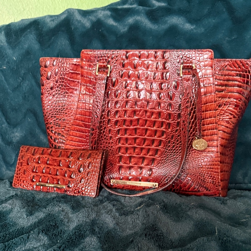 Brahmin Pecan Brown Crocodile-Embossed Tote and Wallet